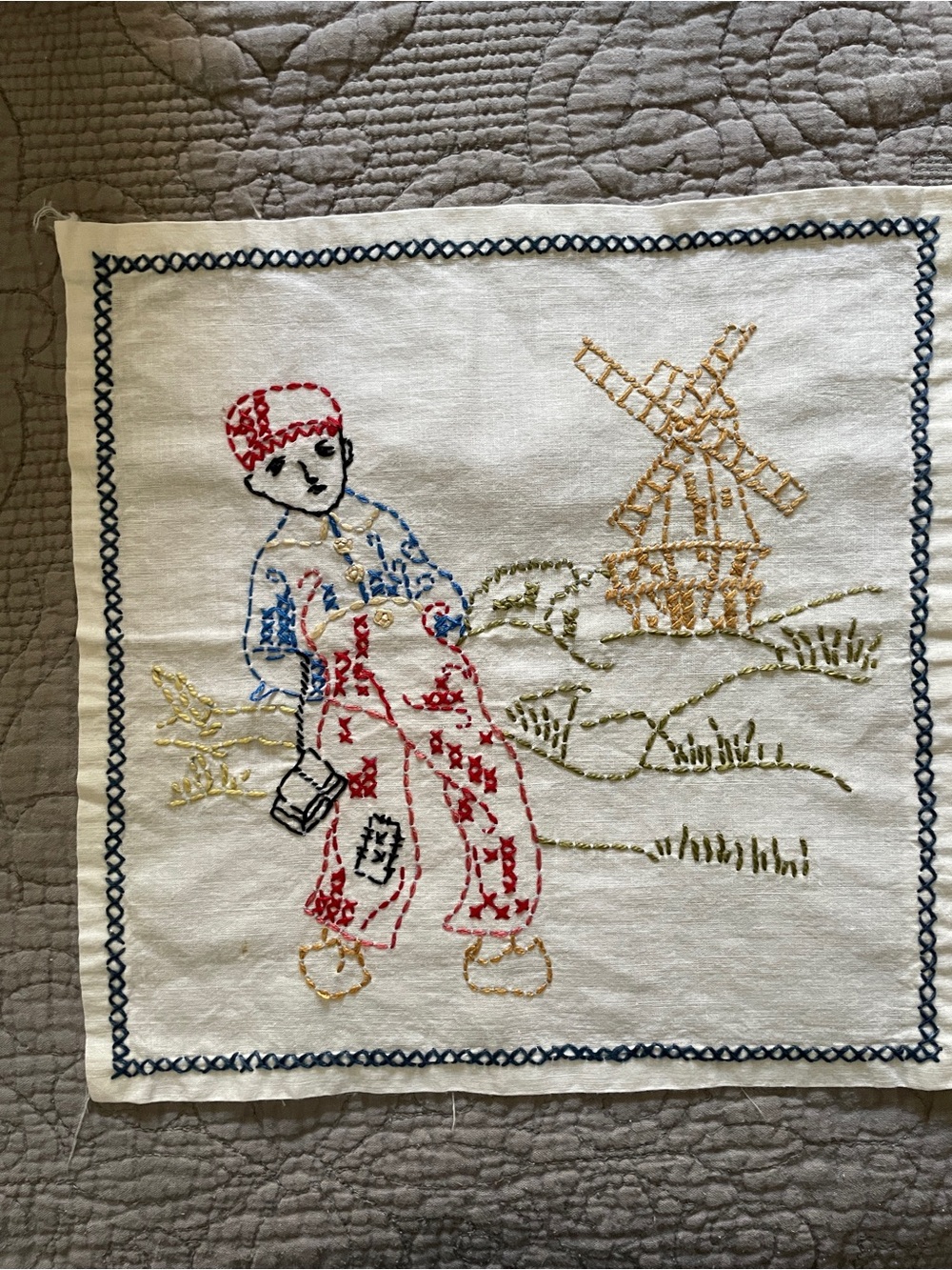 Embroidered Folk Boy with Windmill Textile